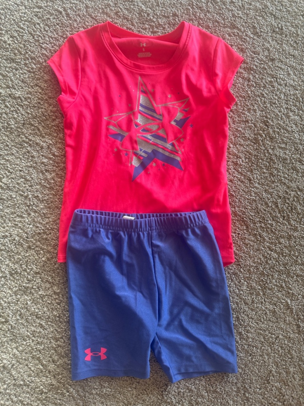 Under Armour Pink Star Graphic Tee with Purple Athletic Shorts